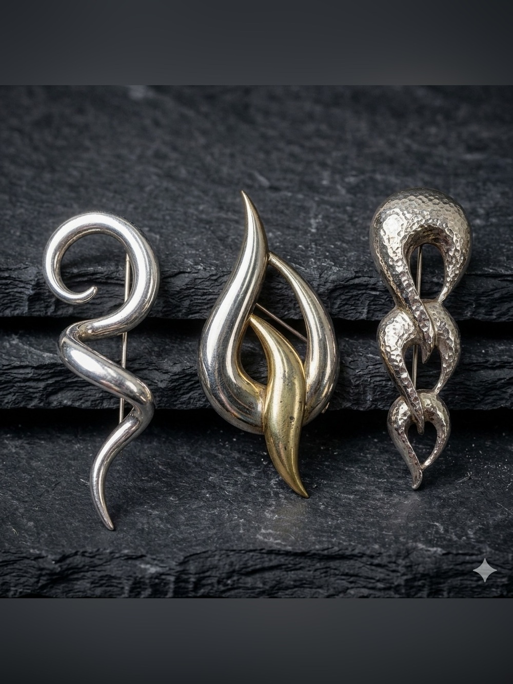 Vintage 80s Mixed Lot 3 Mid Century Modern Abstract Silver Gold Tone Brooch Set